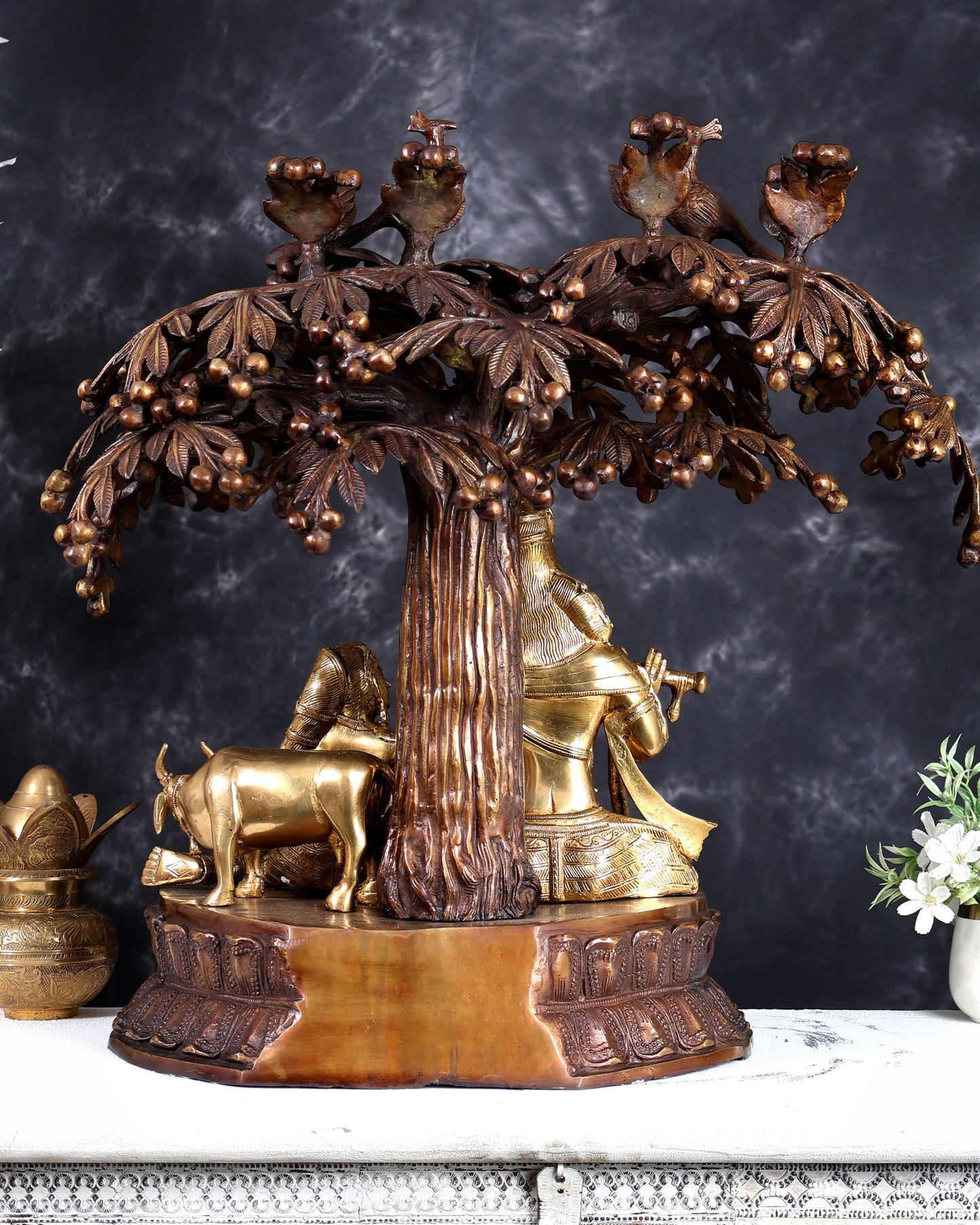 Brass Radha Krishna with Cow and Tree - 24 inch