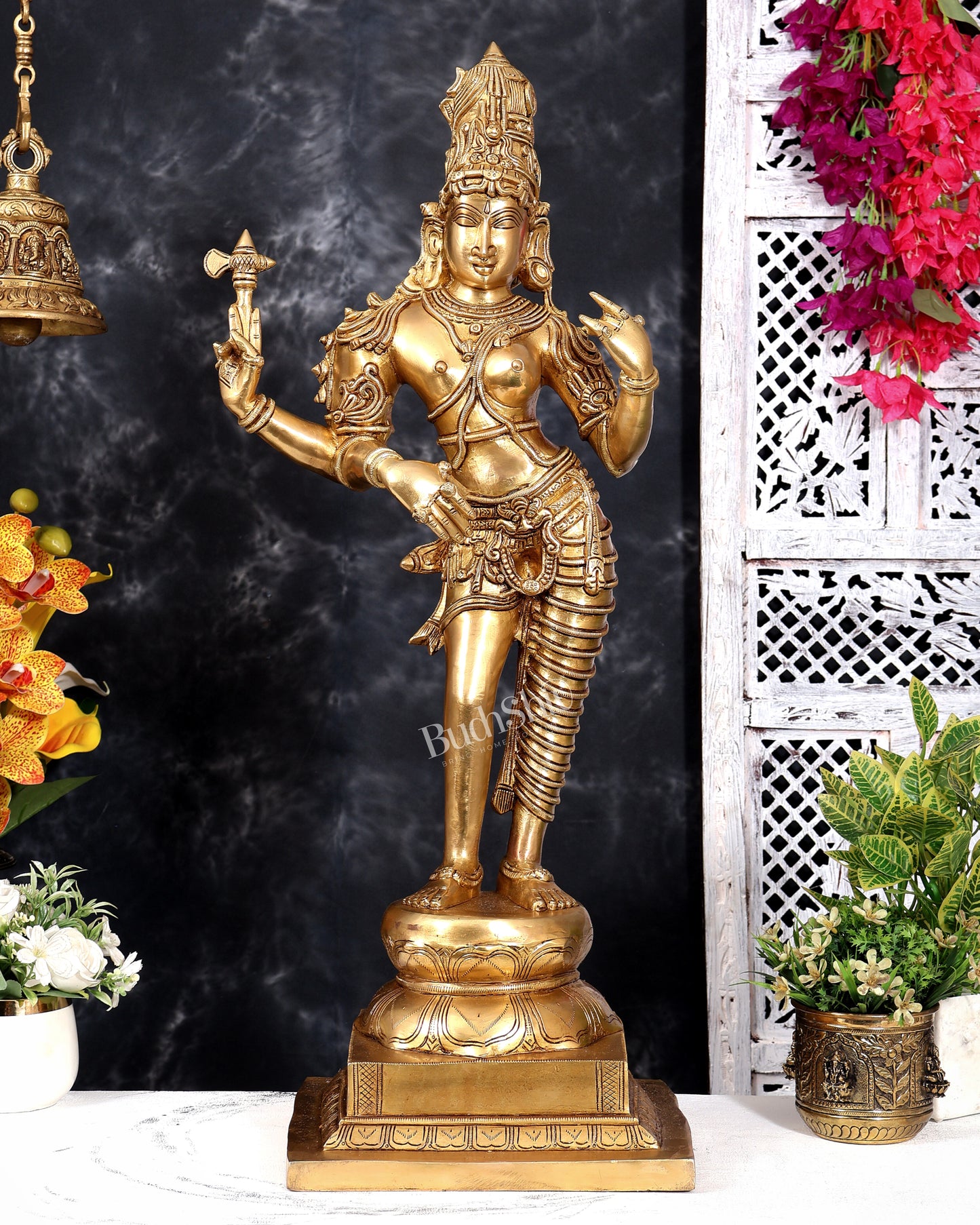 Brass Ardhanarishwara — Half Shiva Half Parvati Sculpture, Fine Carvings 31 inch tall