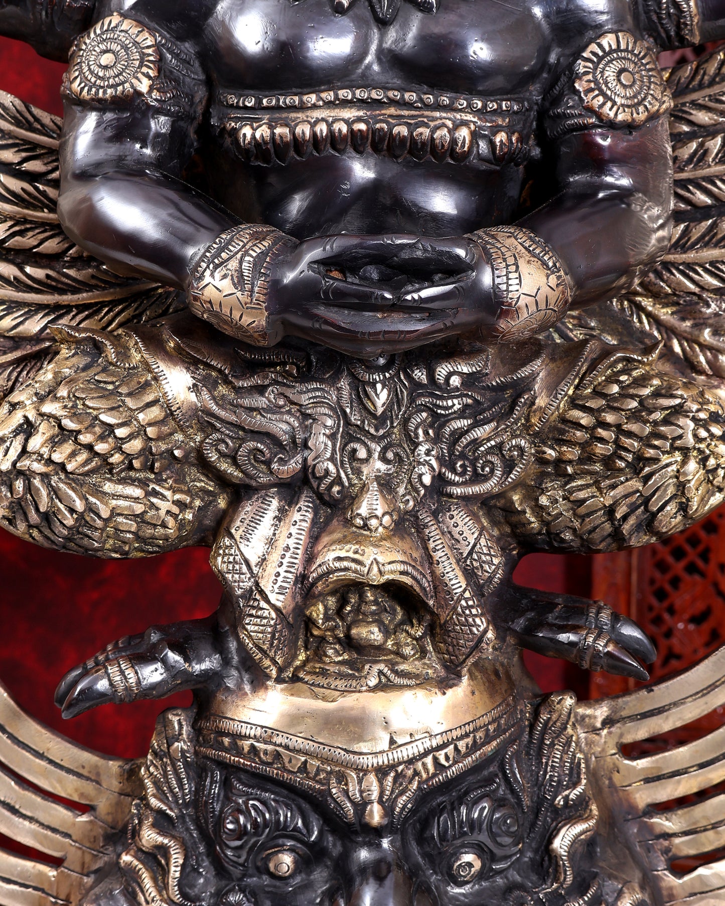 Brass Large Thai Garuda with Kirtimukha on Base | Black & Gold Auspicious Statue 31 inch