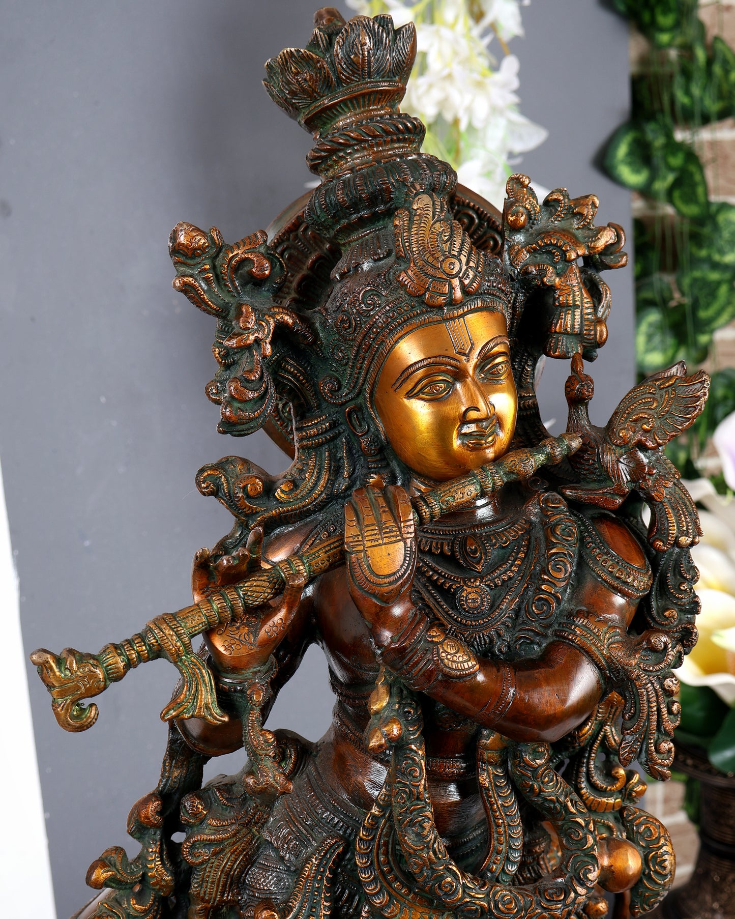 Brass large Krishna with cow statue 29 inch Antique bronze tone