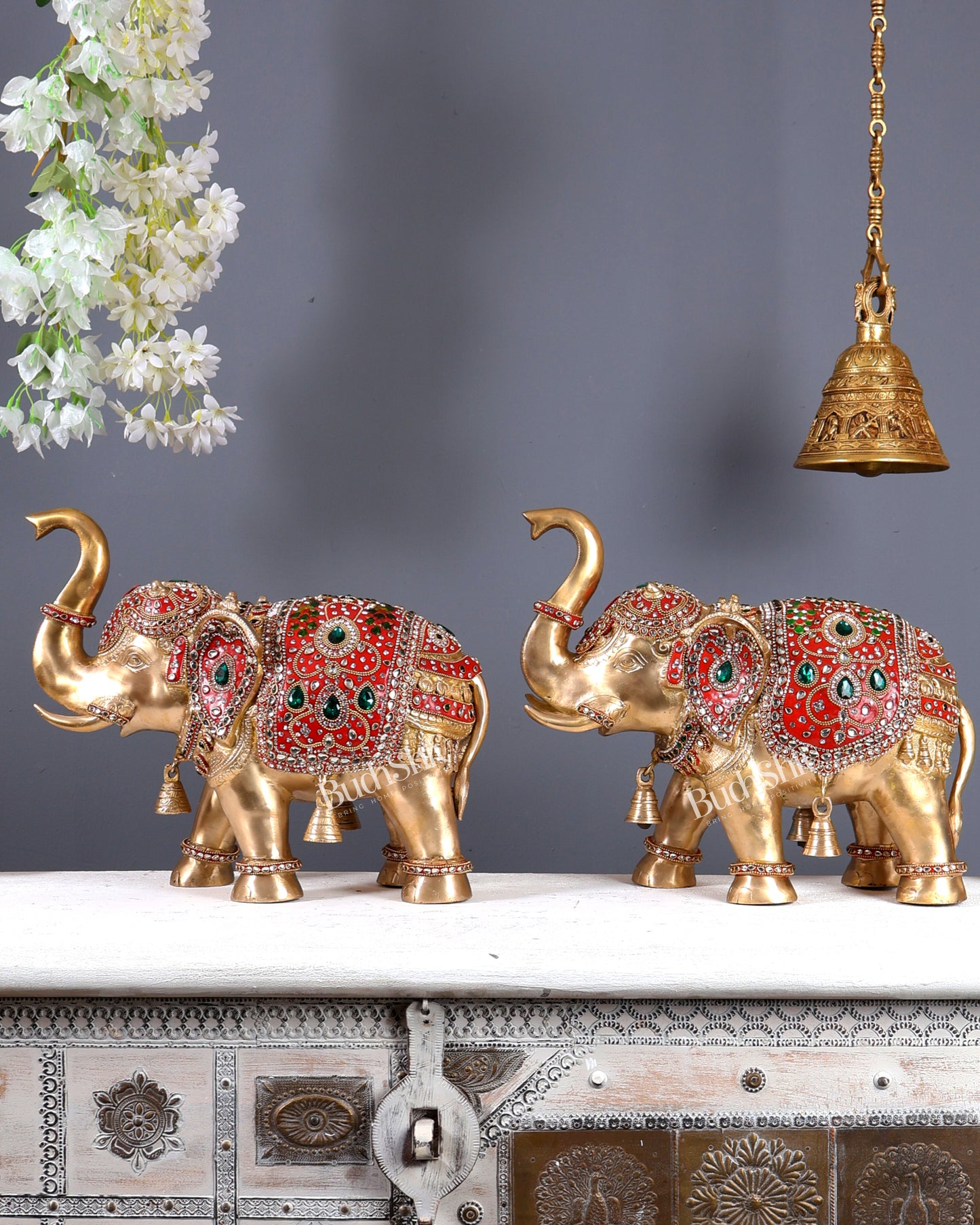 Brass Maharaja Elephant Pair – Rajasthani Meenakari & Stone Work Royal Décor Set (12.5 Inches)