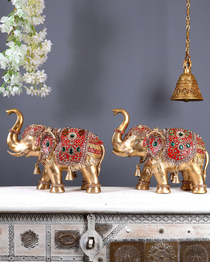Brass Maharaja Elephant Pair – Rajasthani Meenakari & Stone Work Royal Décor Set (12.5 Inches)