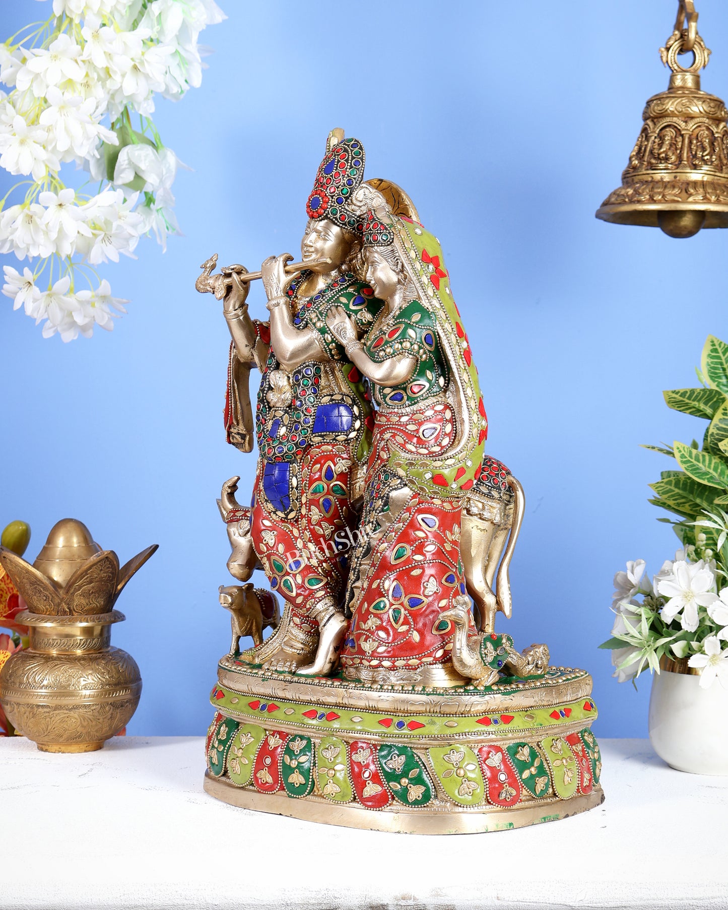 Brass Radha Krishna with Cow and calf 18 inch meenakari