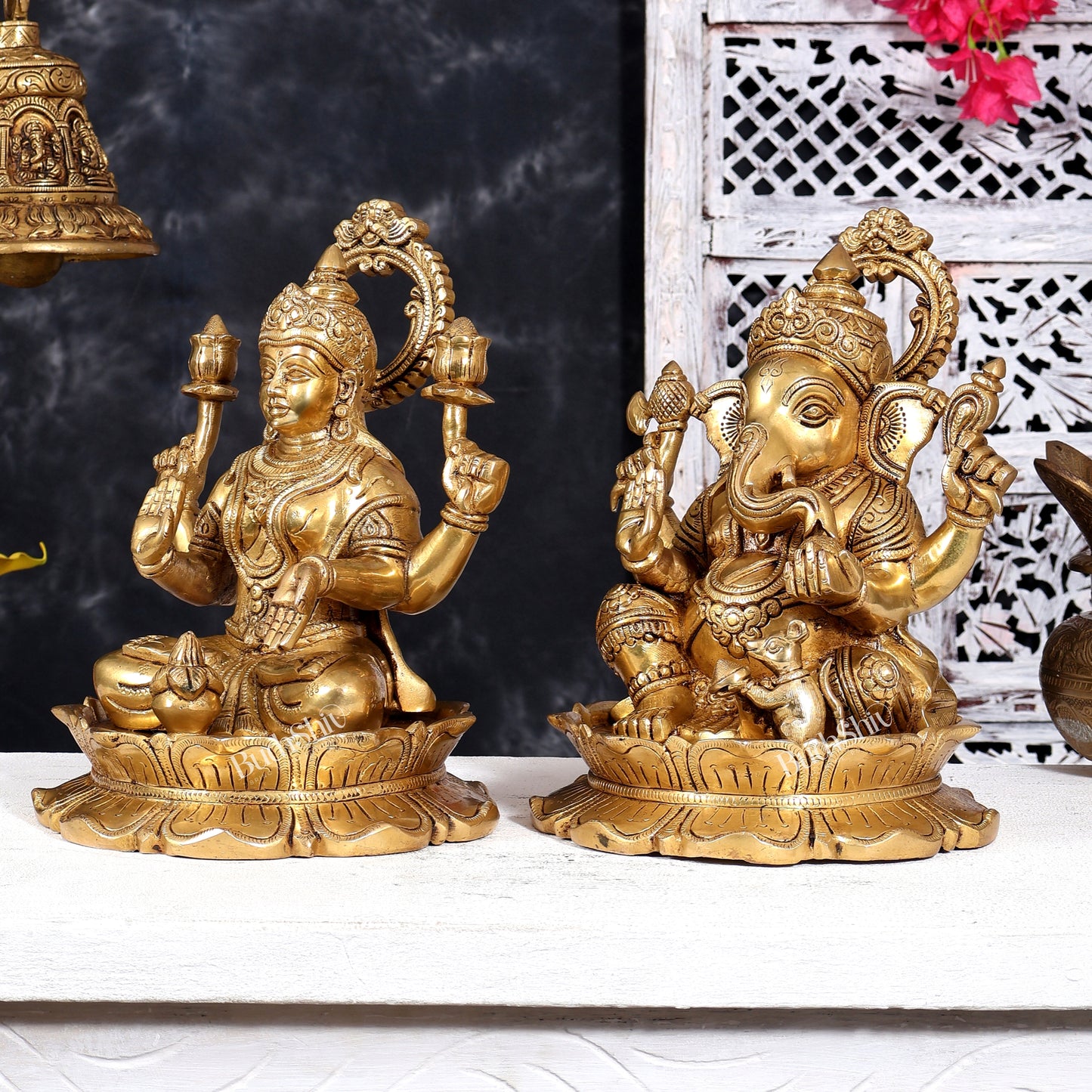 Brass Superfine Ganesha Lakshmi on lotus Pair 10.5 inch