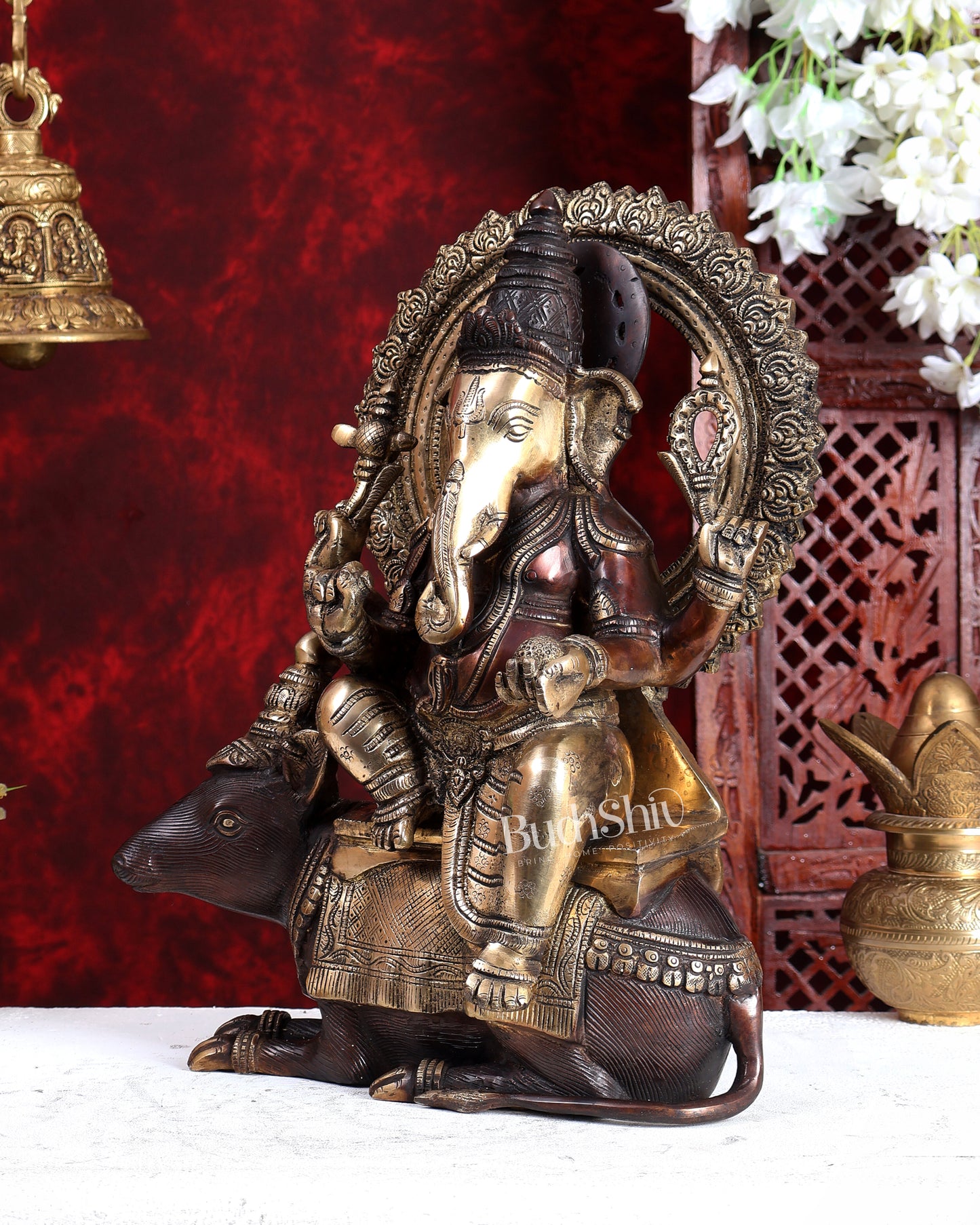 Pure Brass Ganesha sitting on mooshak idol - 16 inch dual tone