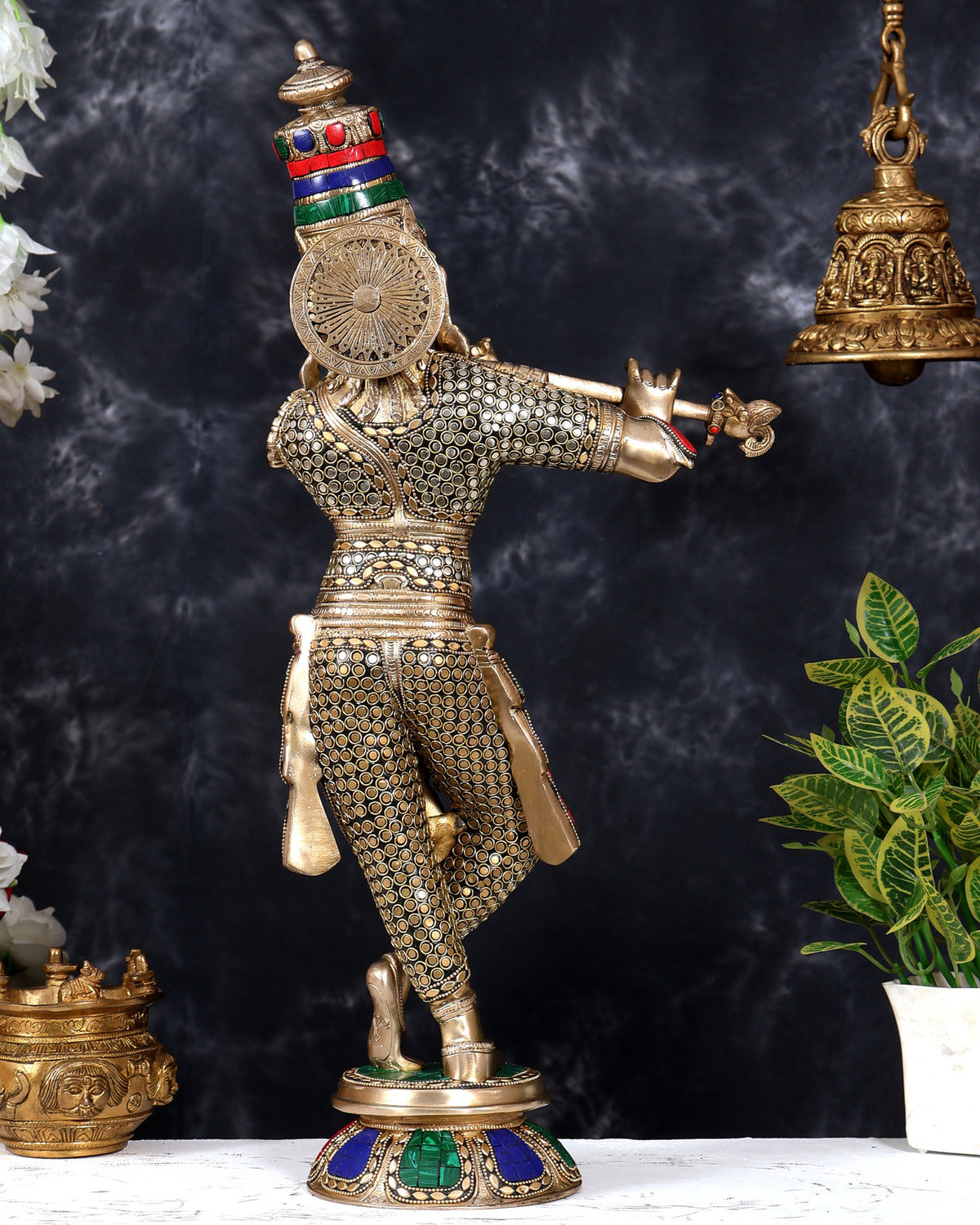 Brass Krishna Statue with Rings and Stonework 23 inch