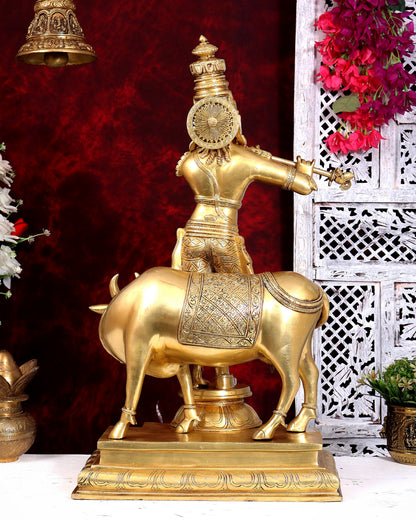 Brass Krishna with cow sleek and simple Sculpture 27 inch