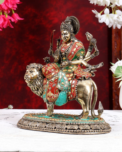 Brass Superfine Durga Ambe Mata Statue with Base 8.5 inch meenakari