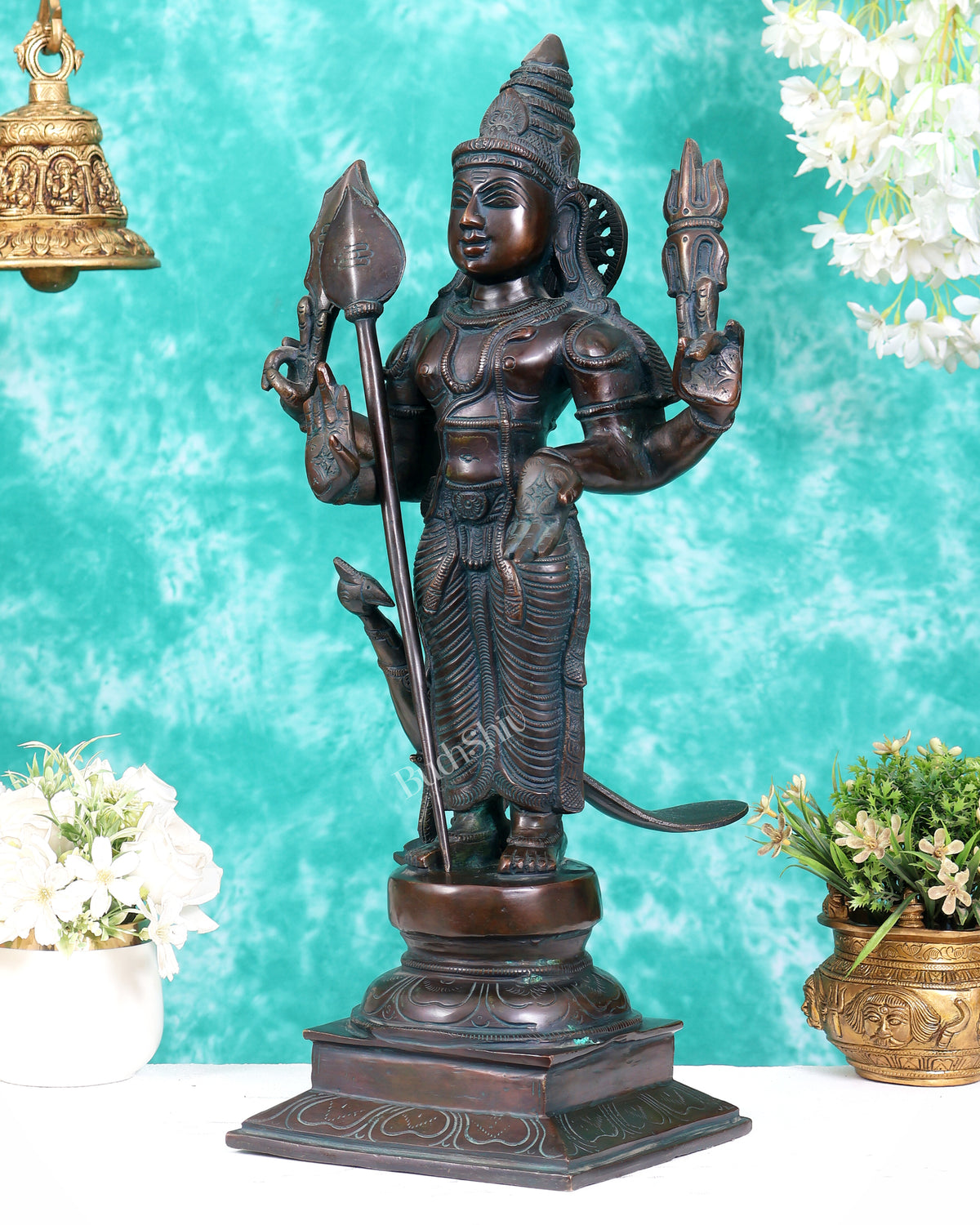 Pure Brass Lord Murugan Statue with Vel – Bronze Tone 21"