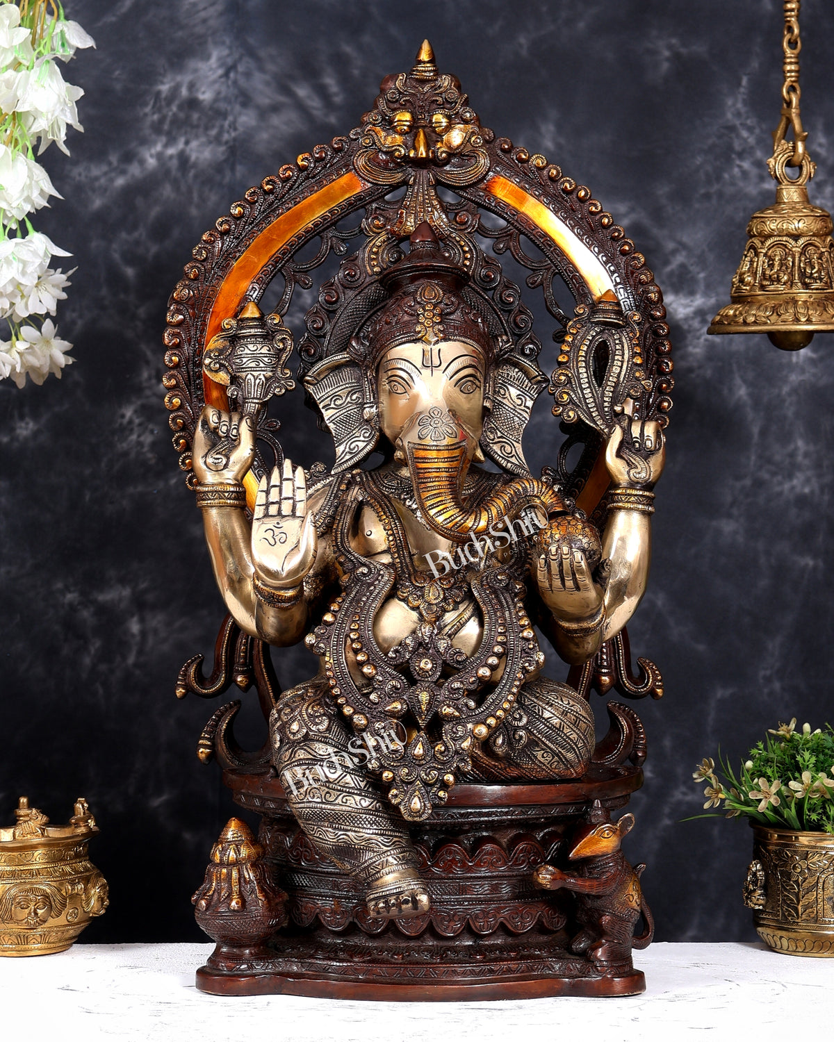 Pure Brass Ganesha large Idol 26 inch with Kirtimukha Prabhavali aureole three tone finish