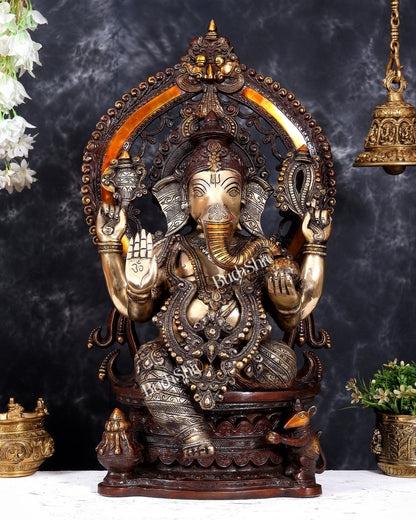 Pure Brass Ganesha large Idol 26 inch with Kirtimukha Prabhavali aureole three tone finish