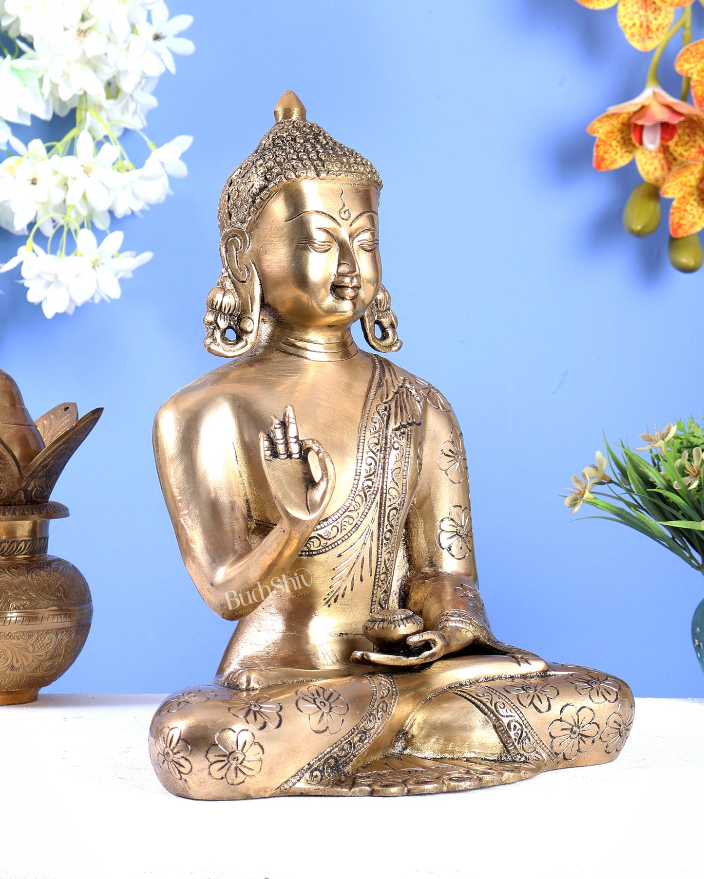 Handmade Brass Buddha Statue with Floral Hand Carvings – Divine Meditation Sculpture (12 Inches)