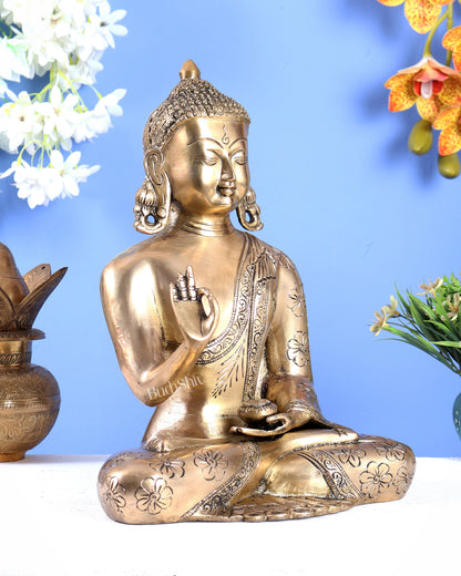 Handmade Brass Buddha Statue with Floral Hand Carvings – Divine Meditation Sculpture (12 Inches)
