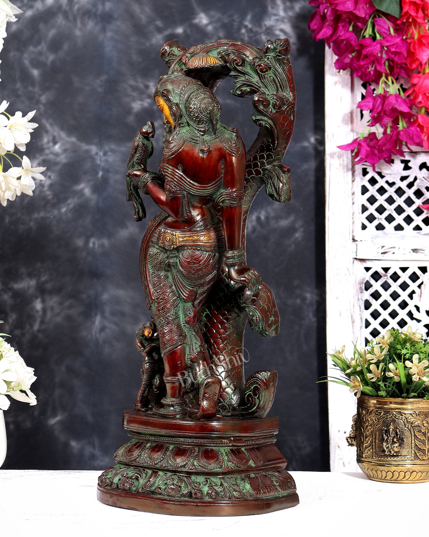 Vintage Brass Apsara Holding Parrot with Attendant statue 18 inch