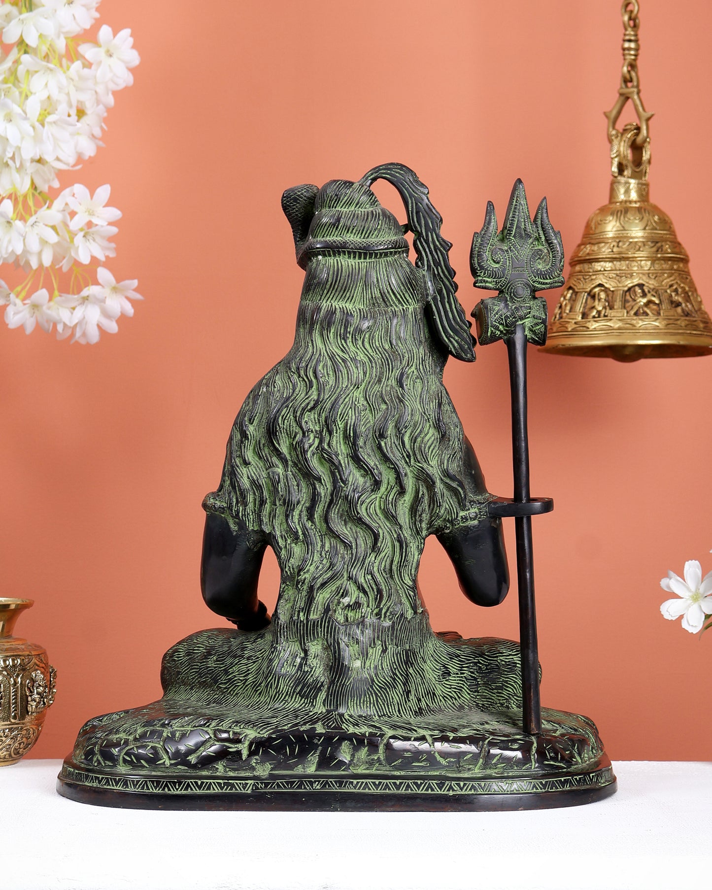 Pure Brass Lord Shiva Smiling Idol with Open Eyes 15" black green