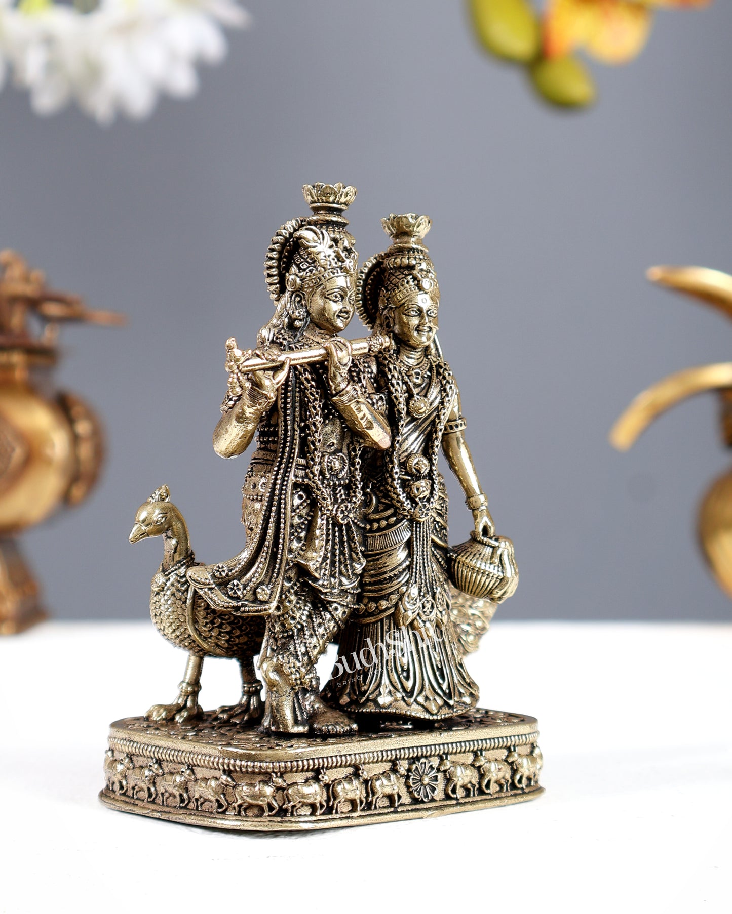 Brass Radha Krishna with Peacock Idol – Superfine Divine Miniature Statue (4 Inches)