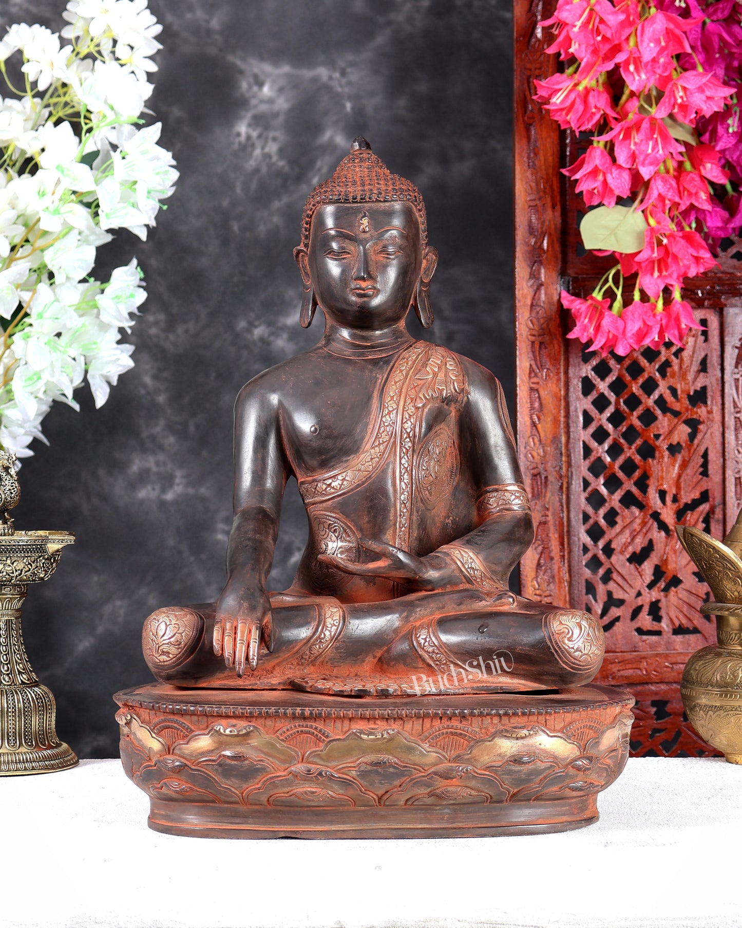 Nepalese Brass Buddha Statue in Three-Tone Black, Red & Silver Patina – Bhumisparsha Mudra Handcrafted Sculpture 16 inch