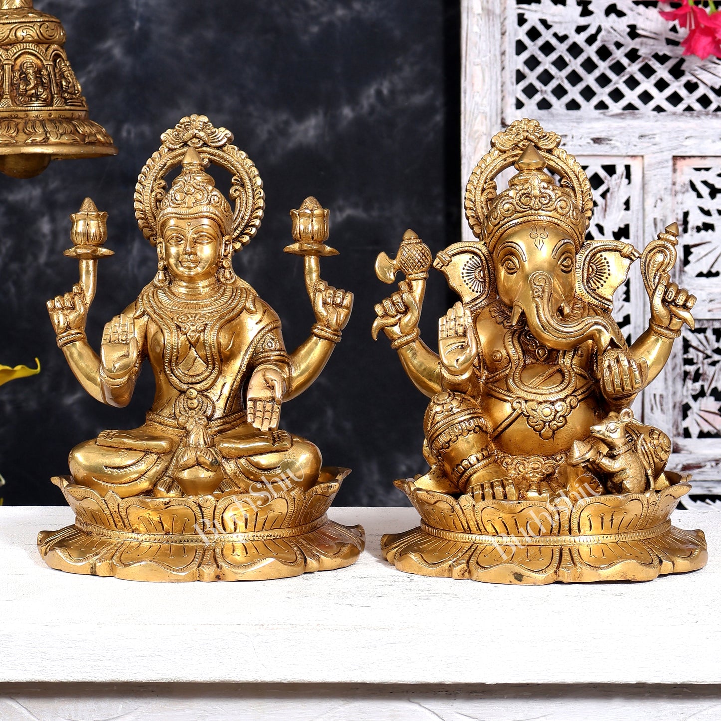 Brass Superfine Ganesha Lakshmi on lotus Pair 10.5 inch