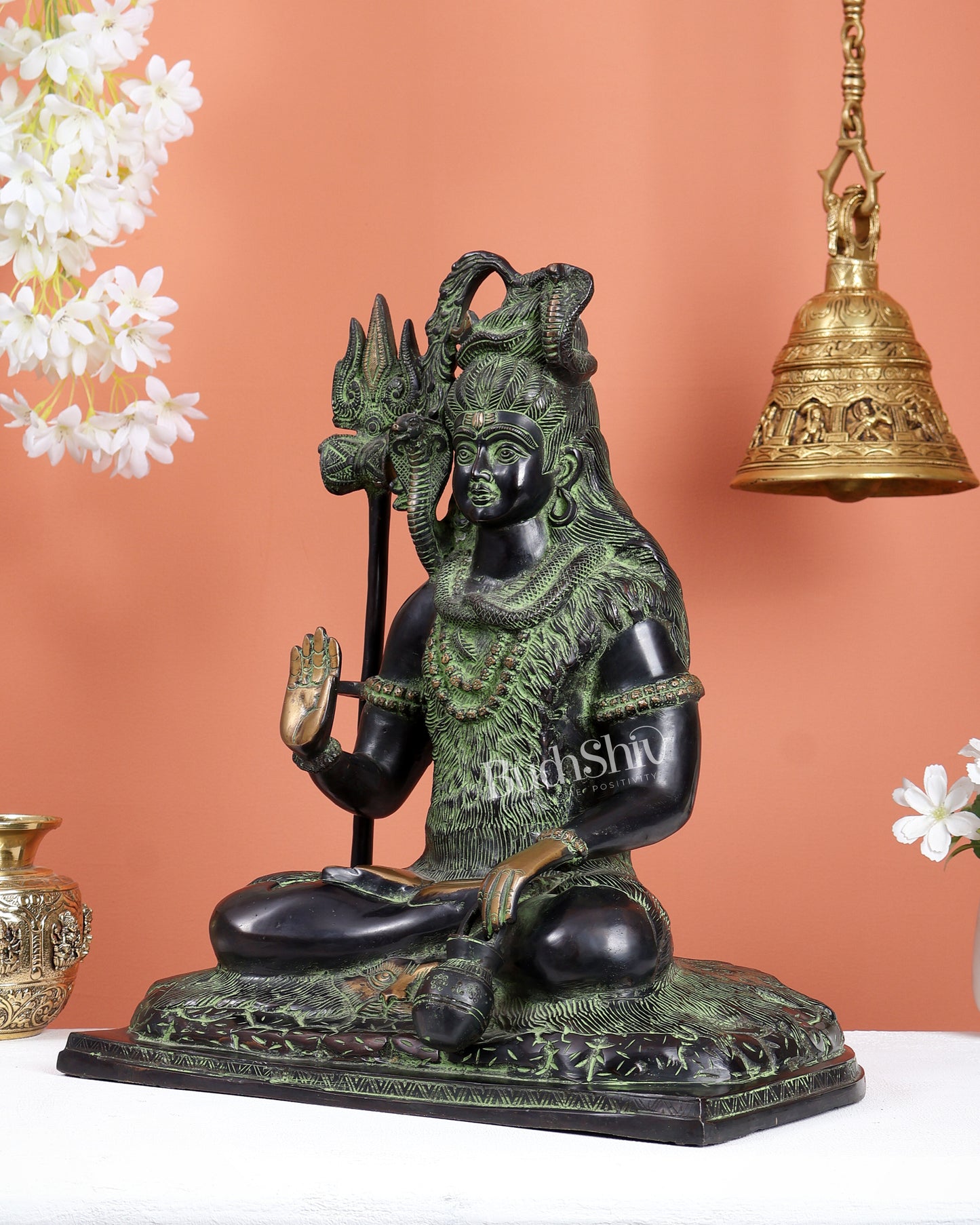 Pure Brass Lord Shiva Smiling Idol with Open Eyes 15" black green