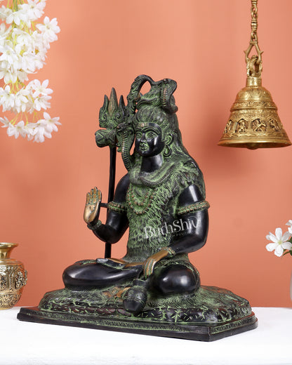 Pure Brass Lord Shiva Smiling Idol with Open Eyes 15" black green