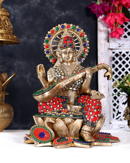 Brass Goddess Saraswati Sitting on Lotus with Swan | 11 Inch with meenakari Stonework