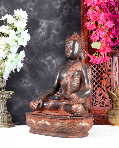 Nepalese Brass Buddha Statue in Three-Tone Black, Red & Silver Patina – Bhumisparsha Mudra Handcrafted Sculpture 16 inch