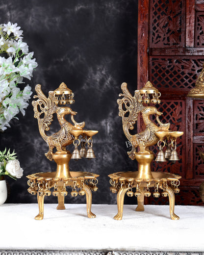 Unique Brass Peacock Lamp with Multiple Diyas, Ghungroos & Bells – Handcrafted Temple Deepam 14 inch pair