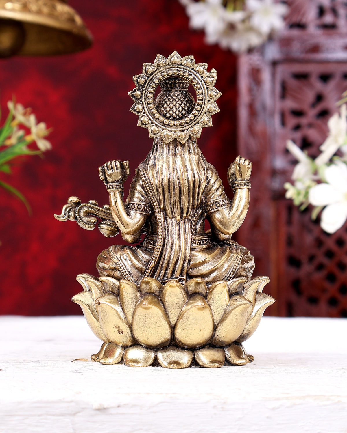 Brass Superfine Saraswati Idol Cross-Legged on Lotus Base 5 inch