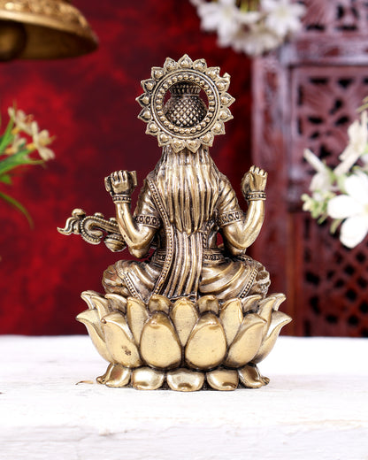 Brass Superfine Saraswati Idol Cross-Legged on Lotus Base 5 inch