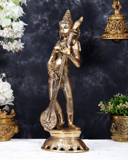 Brass Superfine Standing Goddess Saraswati Idol – 18" Height vintage depiction