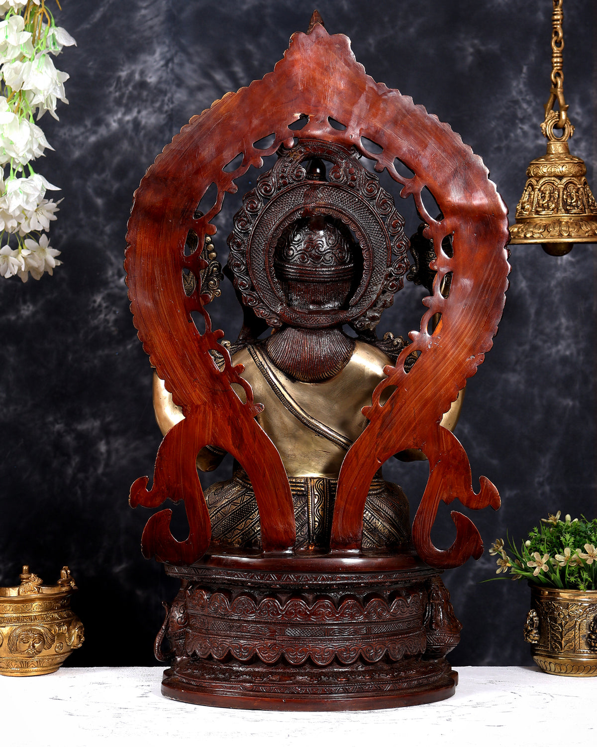 Pure Brass Ganesha large Idol 26 inch with Kirtimukha Prabhavali aureole three tone finish