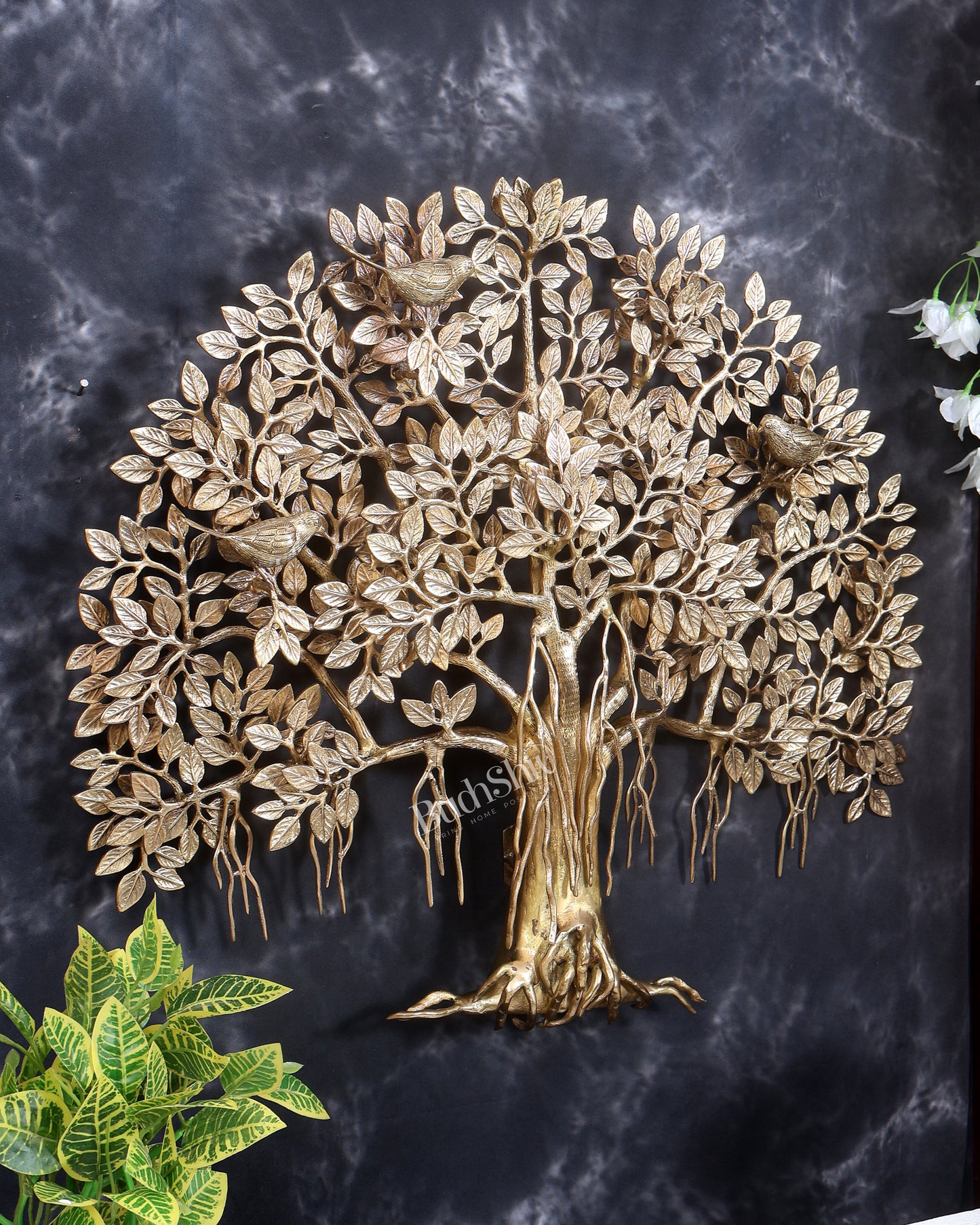 Premium Brass Large Kalpavriksha Tree Wall Hanging | Roots & Birds 28 inch