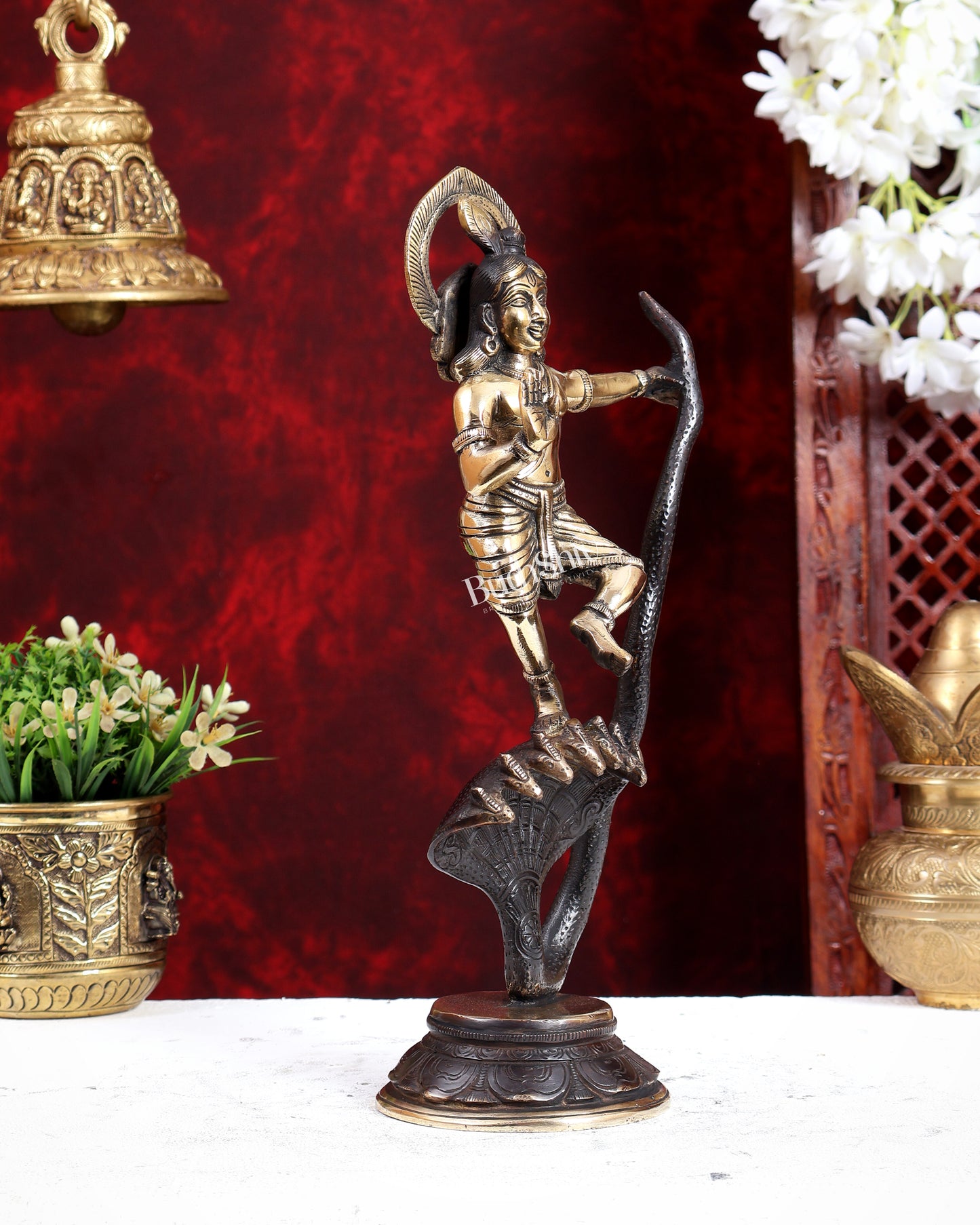 Krishna Dancing on Kaliya Naag Brass Idol 13" brown gold