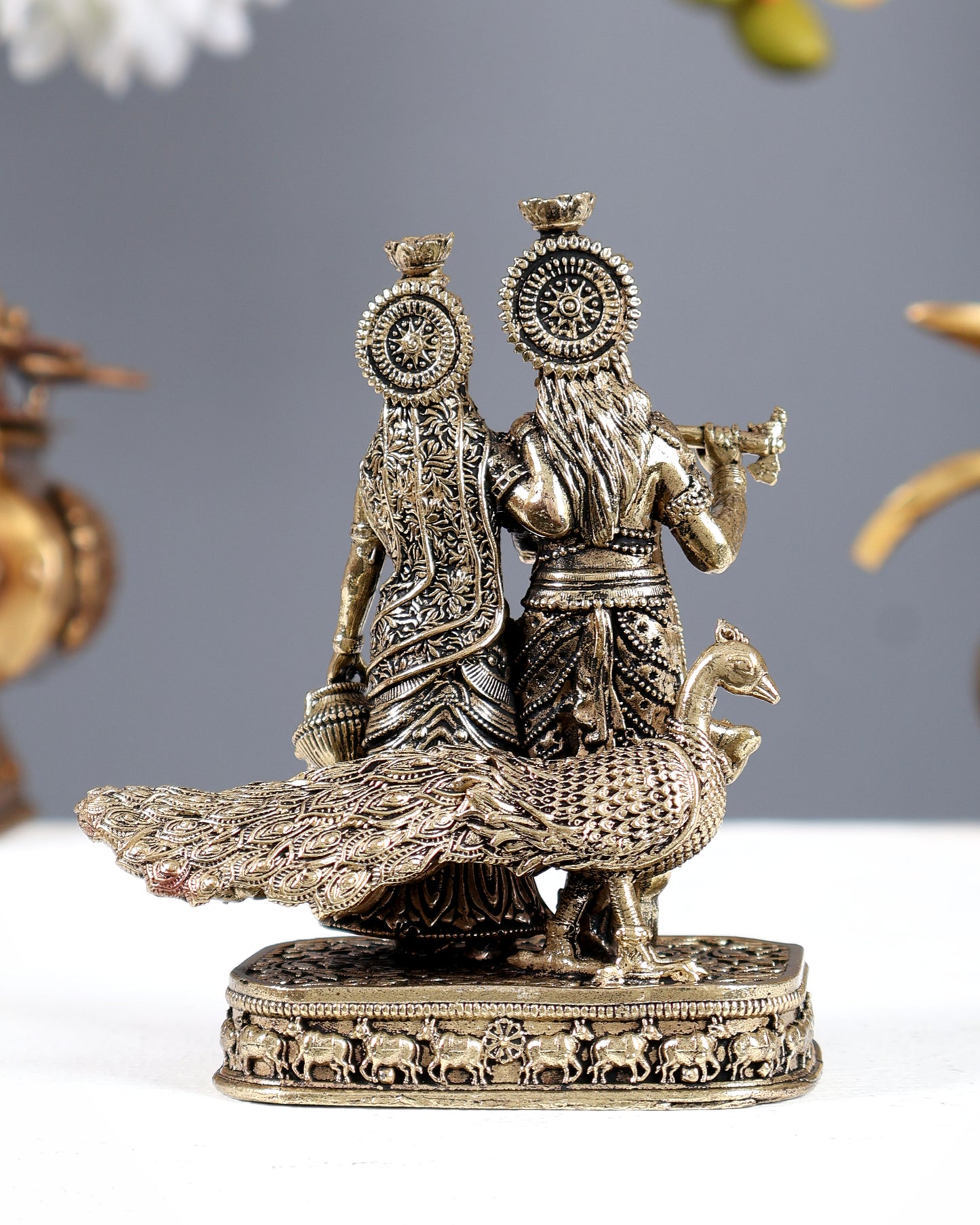 Brass Radha Krishna with Peacock Idol – Superfine Divine Miniature Statue (4 Inches)