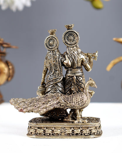 Brass Radha Krishna with Peacock Idol – Superfine Divine Miniature Statue (4 Inches)