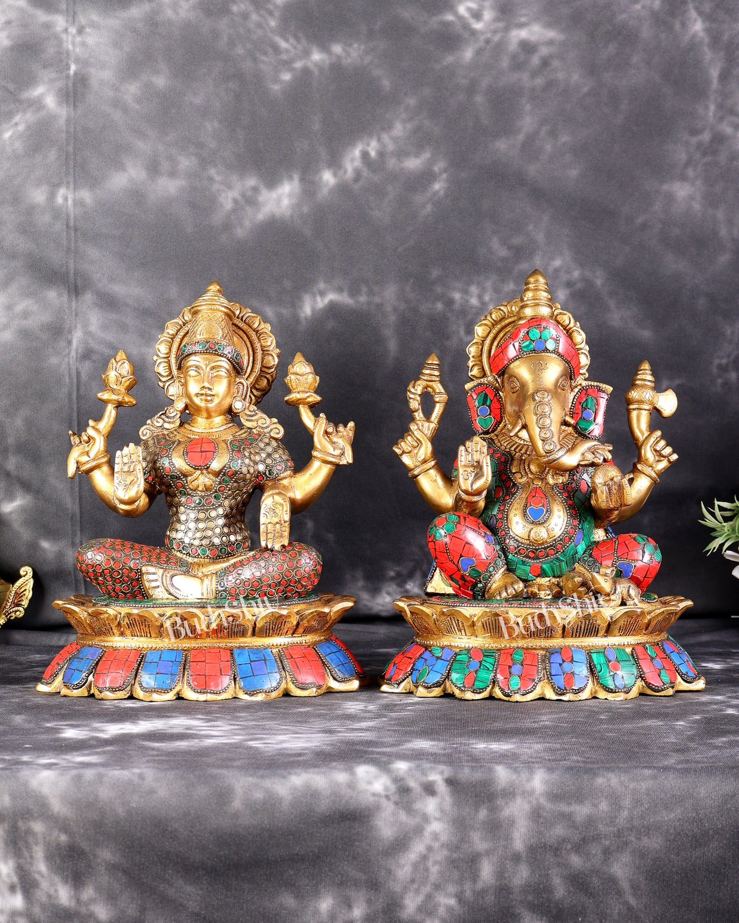 Brass Lakshmi Ganesha Idol Pair on Lotus Set (12 Inches) with stonework