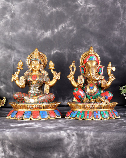 Brass Lakshmi Ganesha Idol Pair on Lotus Set (12 Inches) with stonework