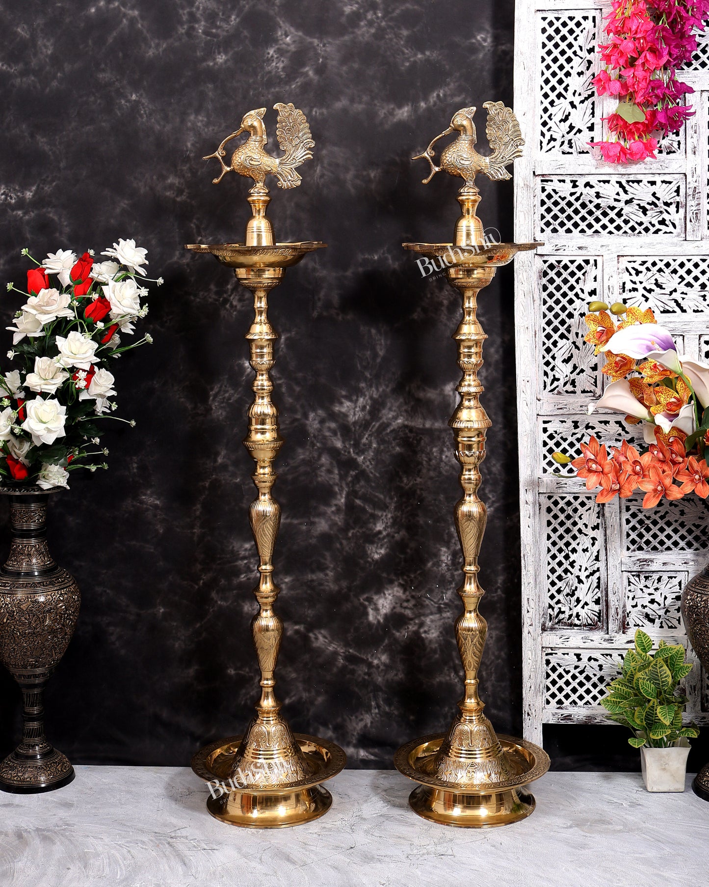 Brass Large Peacock Samai Inauguration Lamp (Pair) 51 inch