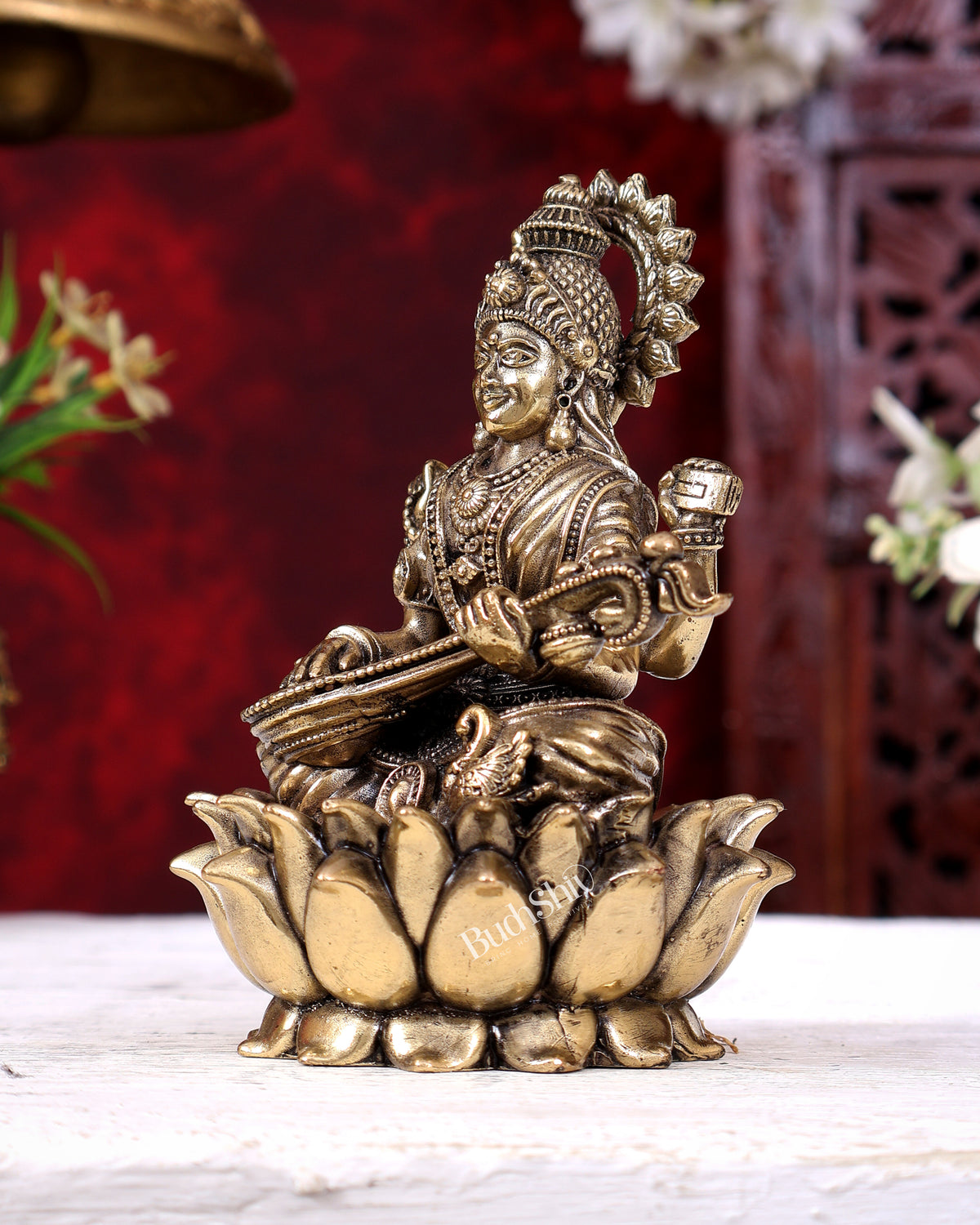 Brass Superfine Saraswati Idol Cross-Legged on Lotus Base 5 inch