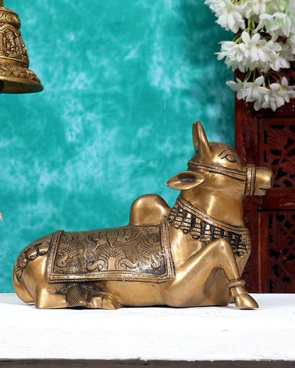 Pure Brass Nandi Bull Statue with Unique Lotus Carvings 10 inch
