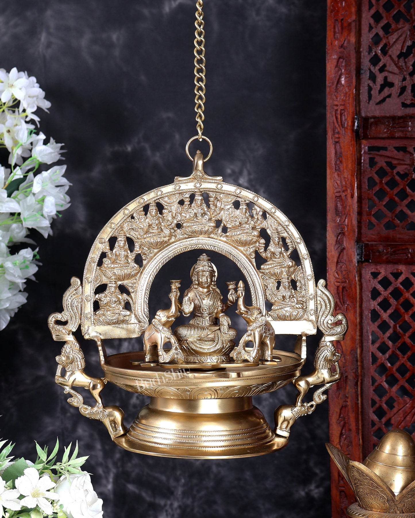 Premium Bronze Ashtalakshmi Hanging Lamp Diya Vilakku – Traditional Temple Deepam with Chain