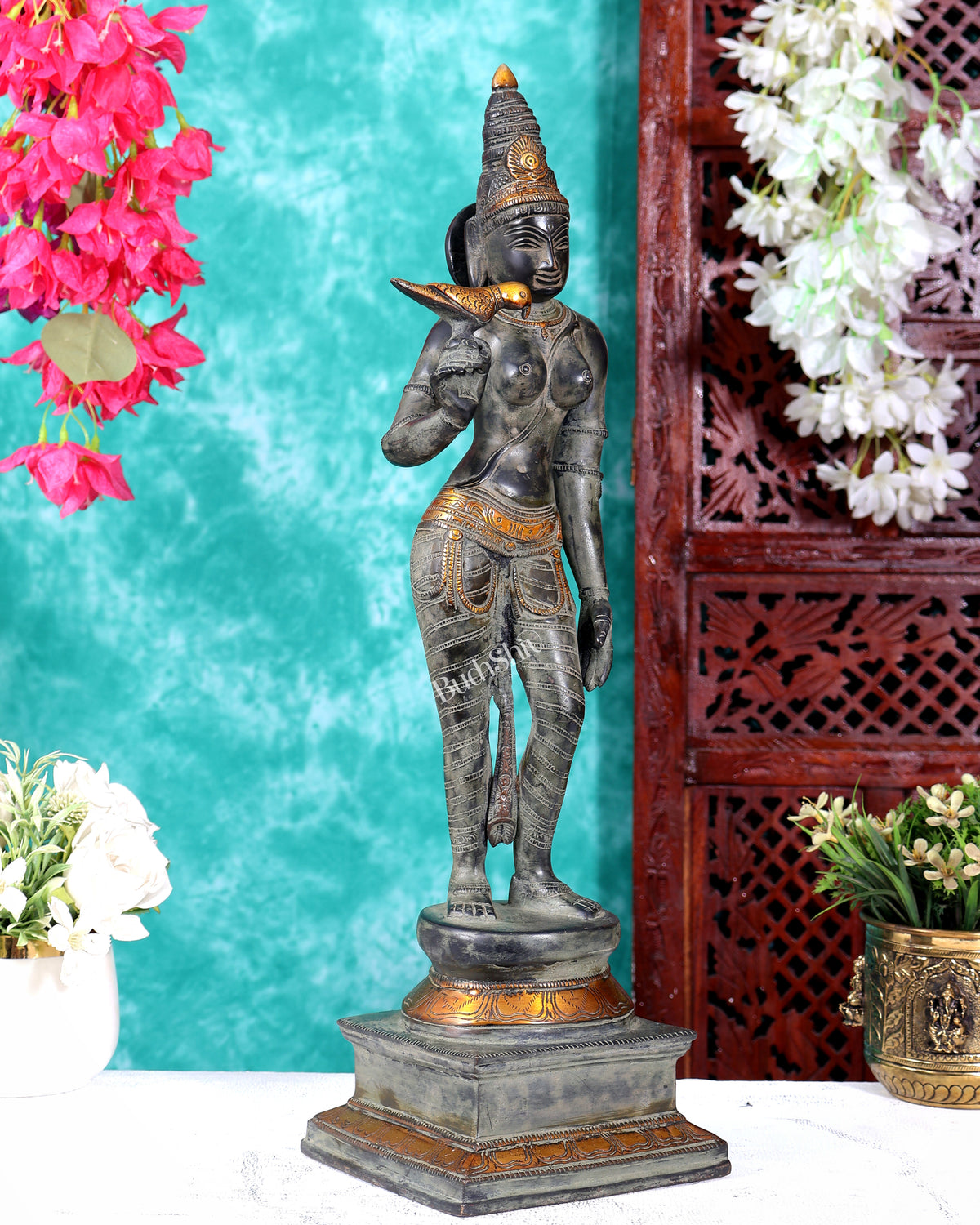 Vintage Brass Meenakshi Statue — Antique Patina Sand Finish 20 inch