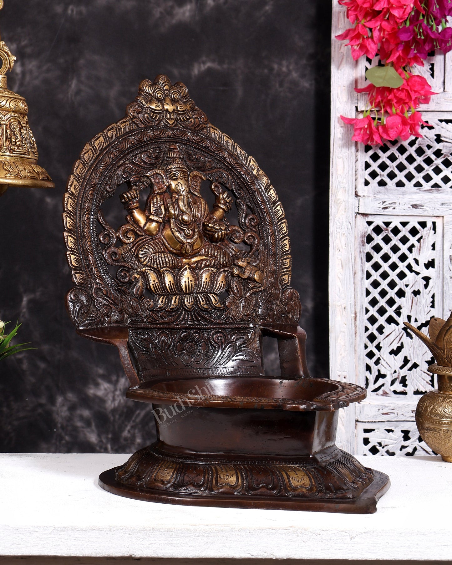 Brass Ganesha Oil lamp diya dual tone 16 inch