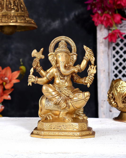 Brass Ganesha Sitting on Mooshak (Mouse) Statue — Unique Form 6 inch