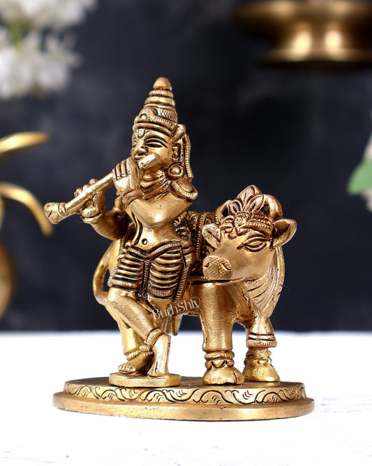 Pure Brass Lord Krishna with Cow Small Statue 3.8 inch