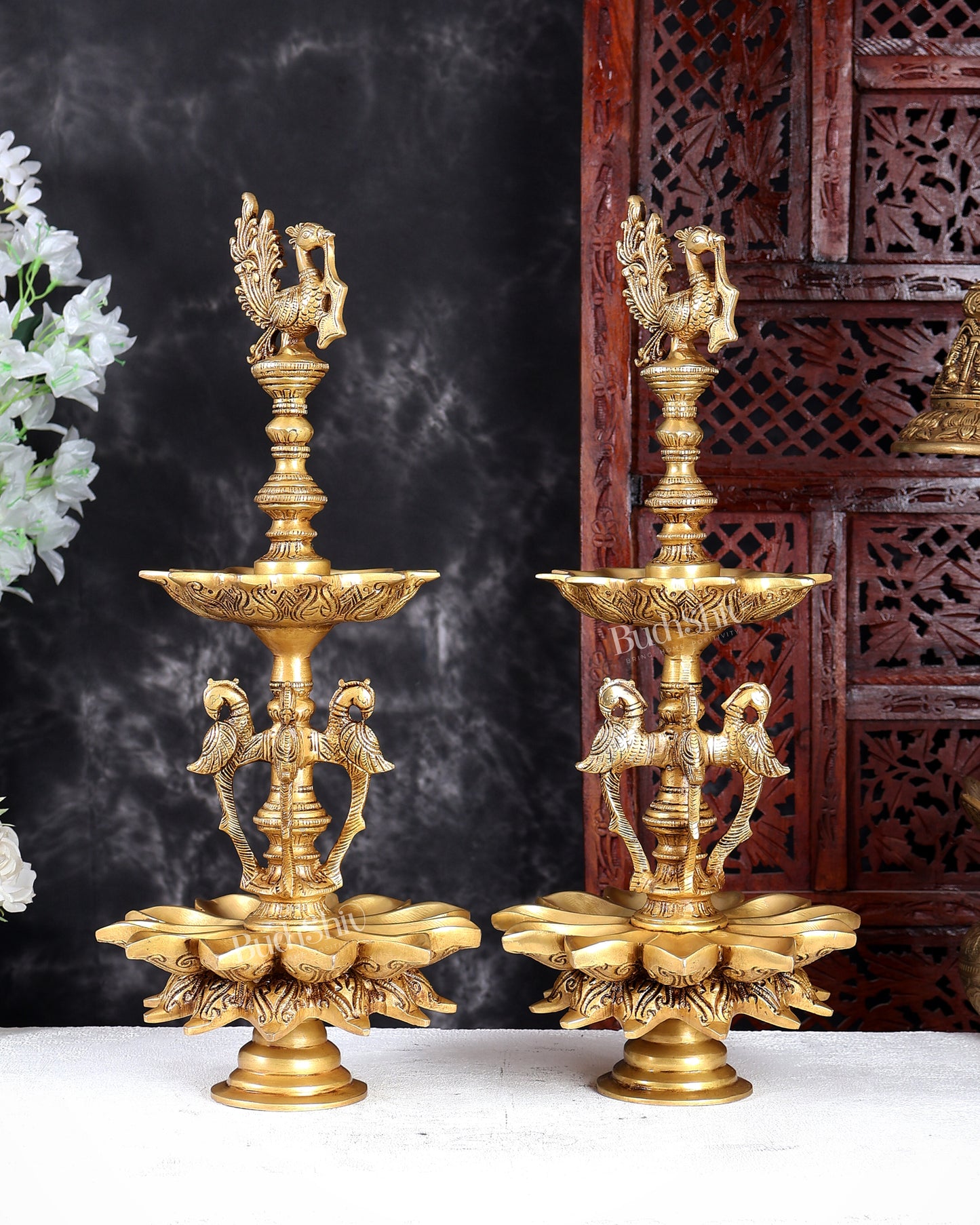 Brass Peacock Samai Oil Lamp Diya Pair – Traditional Multi-Wick Deepam Set 19.5 inch