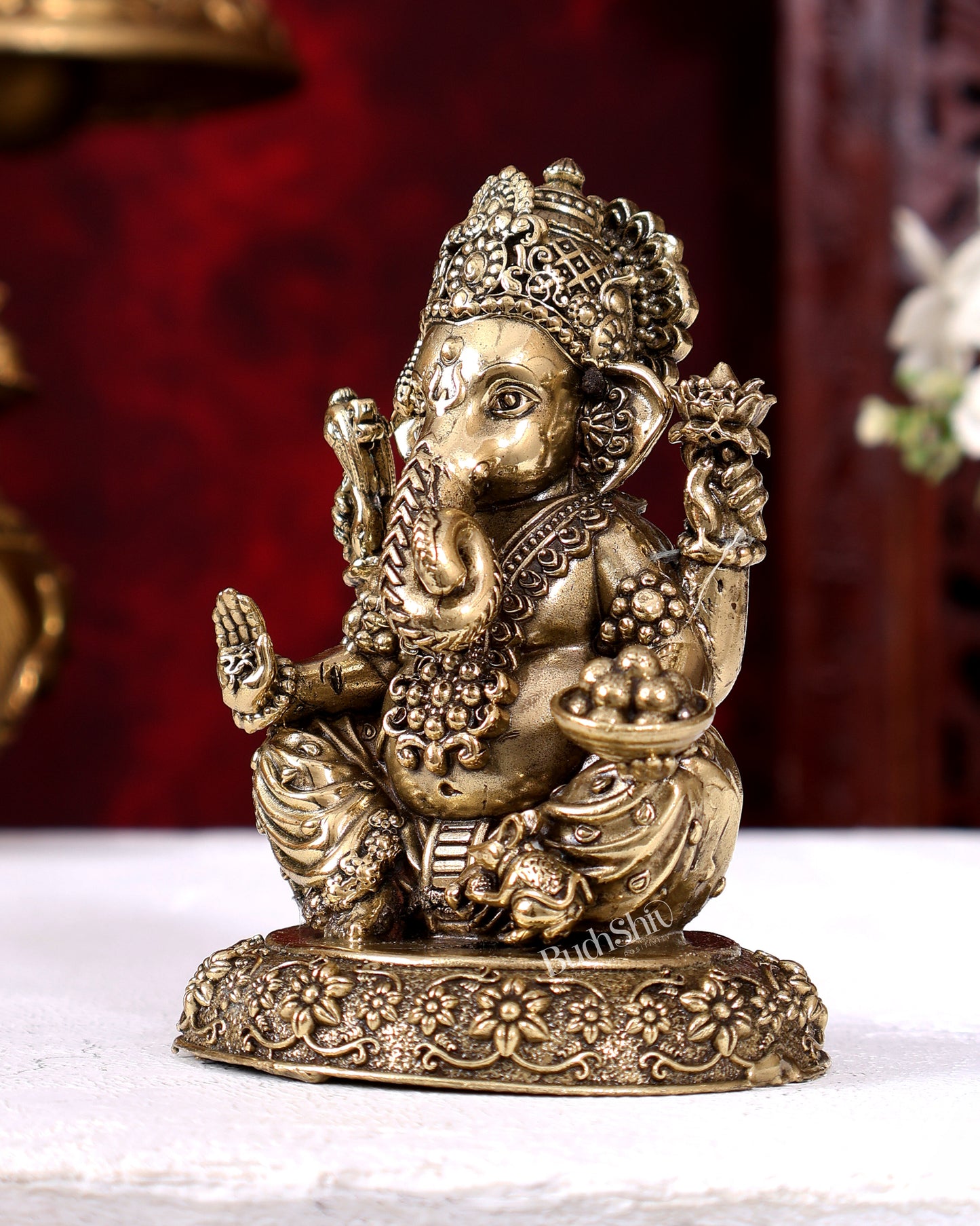 Brass Superfine Ganesha on Round Base — Intricate Idol 4 inch
