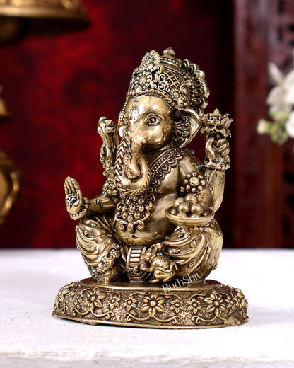 Brass Superfine Ganesha on Round Base — Intricate Idol 4 inch