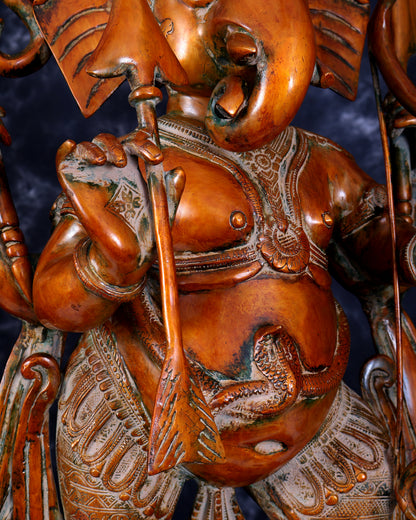 Brass Large Warrior Ganapati Sculpture — Antique Tone 28.5 inch