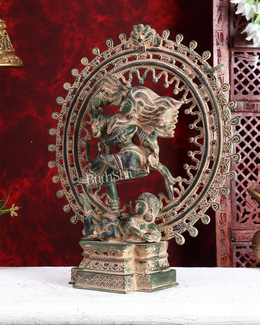 Vintage Brass Superfine Nataraja Statue with Beautiful Dreadlocks - 17" vintage green patina